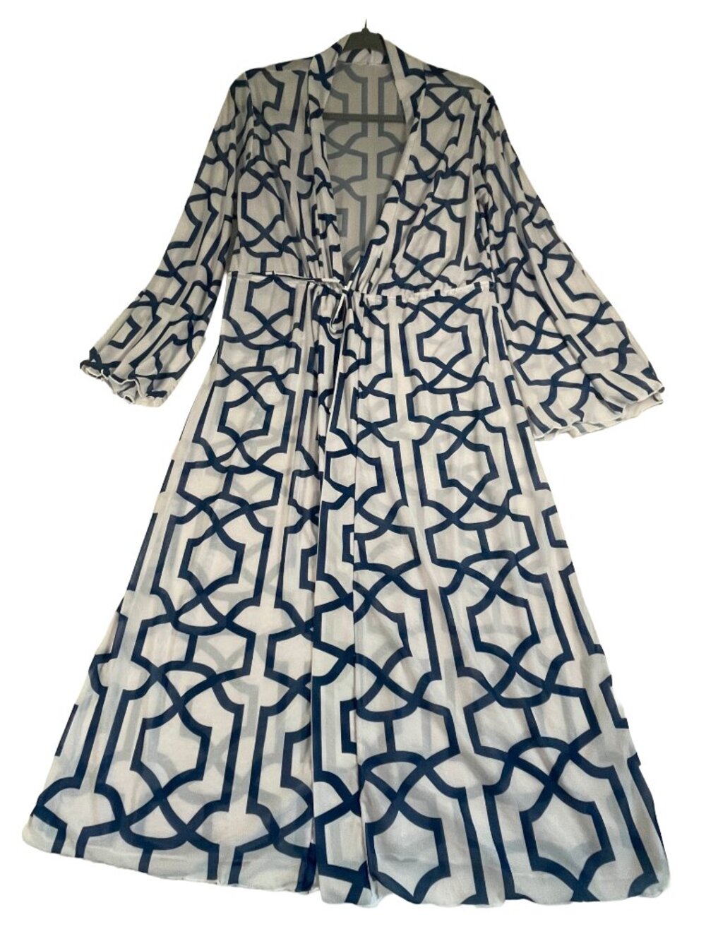 Blue White Geometric Maxi Swim Cover Up Kimono Tie Waist Resort Beach M/L